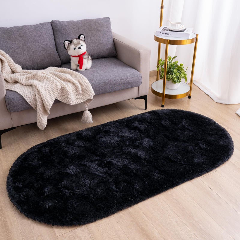 Goideal Fluffy Bedroom Rug, Small Oval Area Rugs, Black Shag Bedside Carpet for Kids Room Nursery Dorm Cute Fuzzy Indoor Decor for Boy and Girl, 2.6 x 5.3 Feet - Image 2